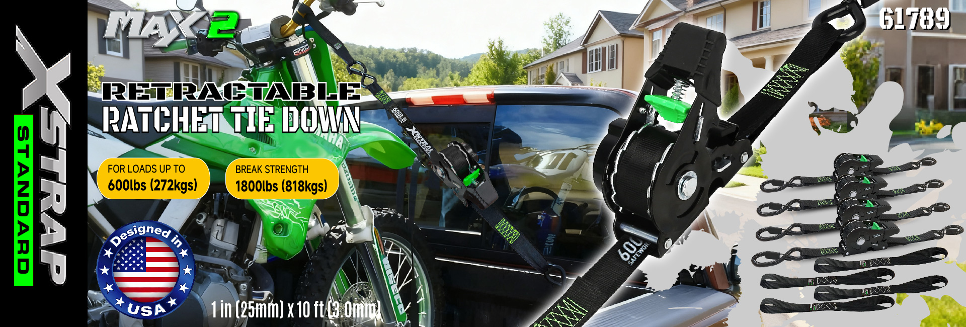 Xstrap 61789 visszahúzható racsnis rögzítő pántok 1 x 10 láb Biztonságos rögzítőelemek motorkerékpár jetski kajak szakítószilárdságához 1500 LBS/680 kg