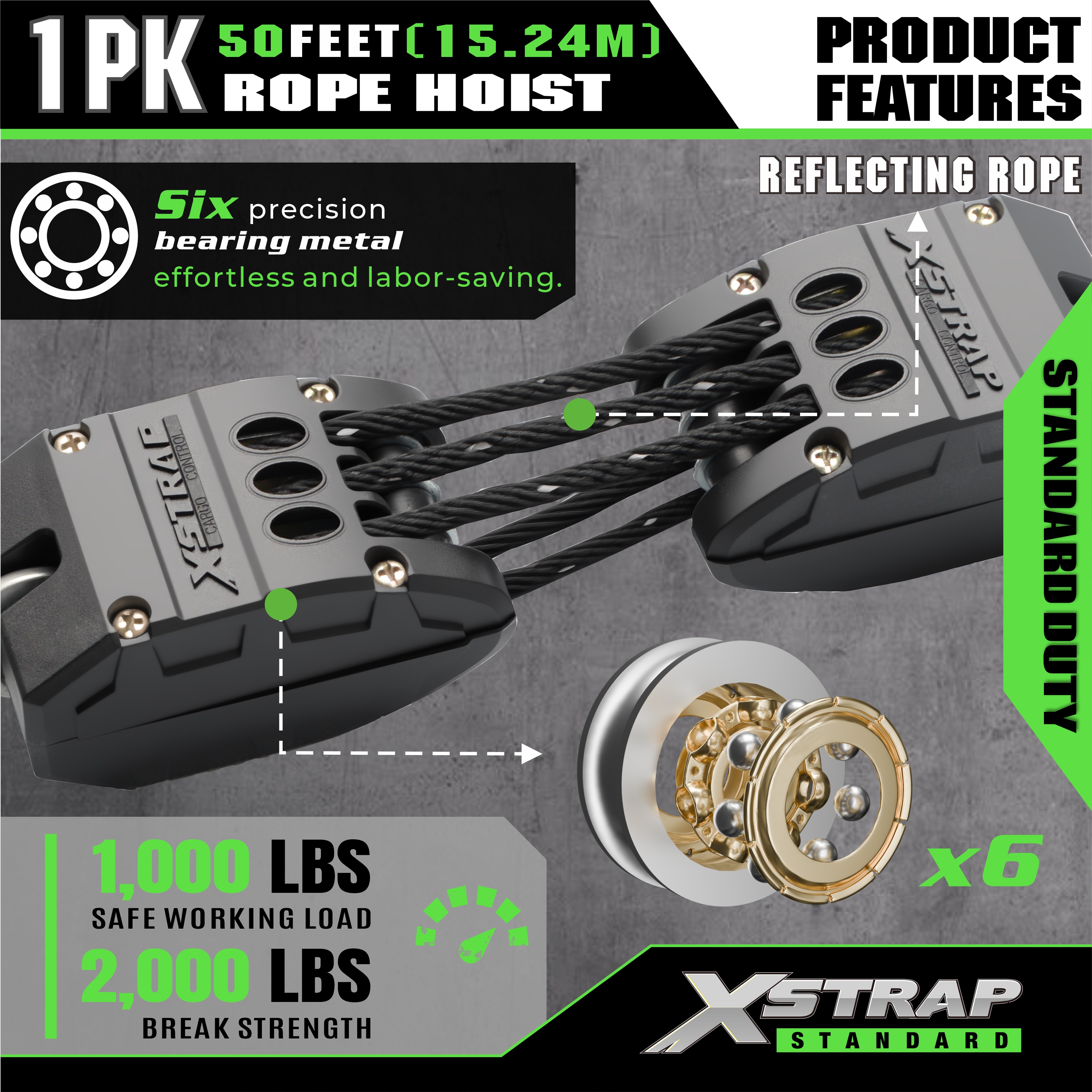 XSTRAP AHLT0003 fényvisszaverő fekete kötélemelő szíjtárcsa rendszer 1000LB