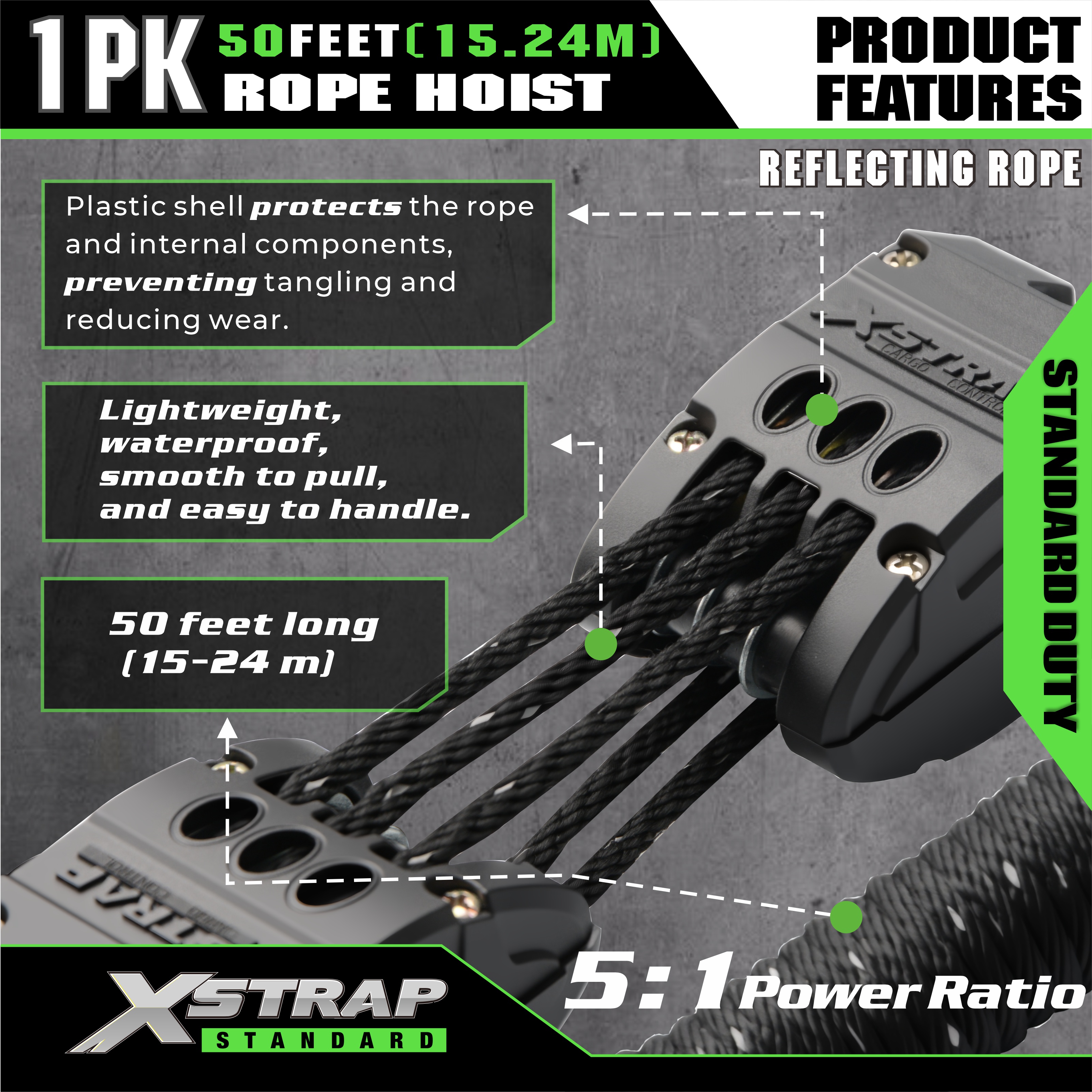 XSTRAP AHLT0003 fényvisszaverő fekete kötélemelő szíjtárcsa rendszer 1000LB