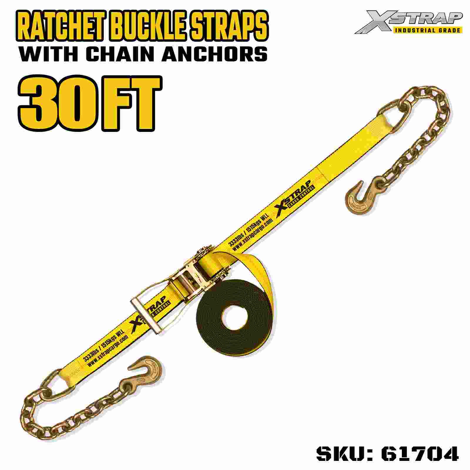 Xstrap 61704 2 hüvelykes, 30 láb hosszú, széles fogantyús racsnis csatszíjak lánchorgokkal Törési szilárdság 10 000 font (1 csomag)