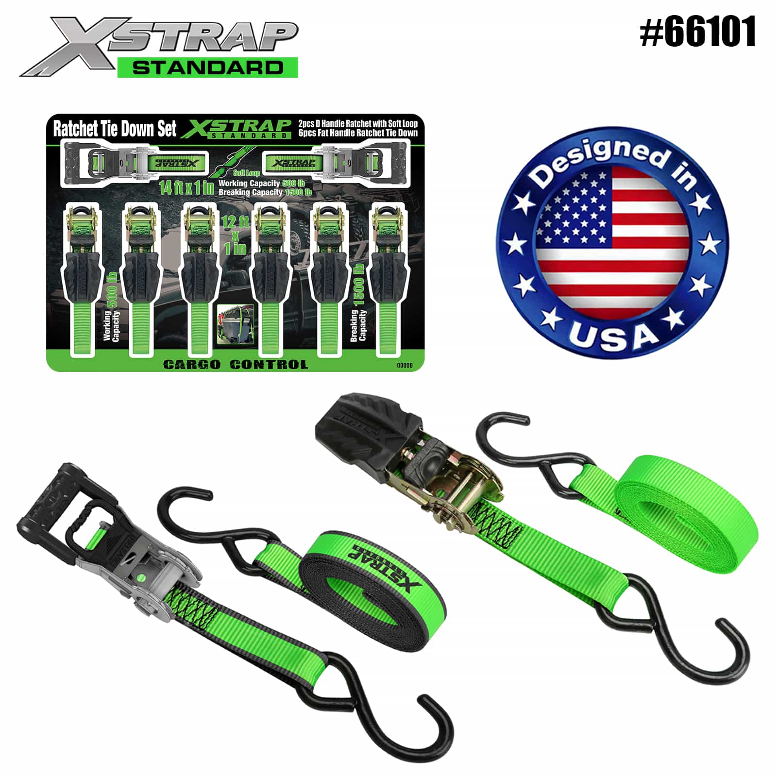 Xstrap 66101 1” x 14’ 2PK D fogantyús racsnis puha hurokkal 500 lb SWL és 1” x 12’ 6PK lapos fogantyús racsnis rögzítés 500 lb SWL