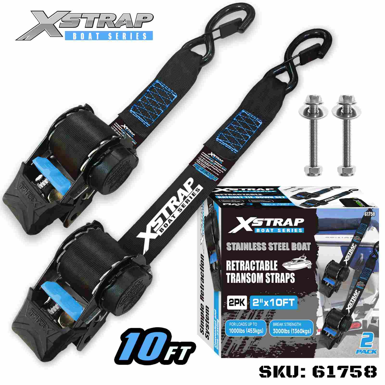 Xstrap 61758 2” x 3,6” 2PK csónak visszahúzható keresztpánt biztonsági S horgokkal 1000 lb SWL